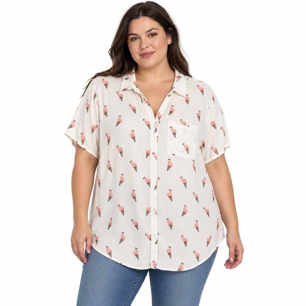 Torrid Flamingo Ice Cream Cone Button Down Size 2 White Short Sleeve Top